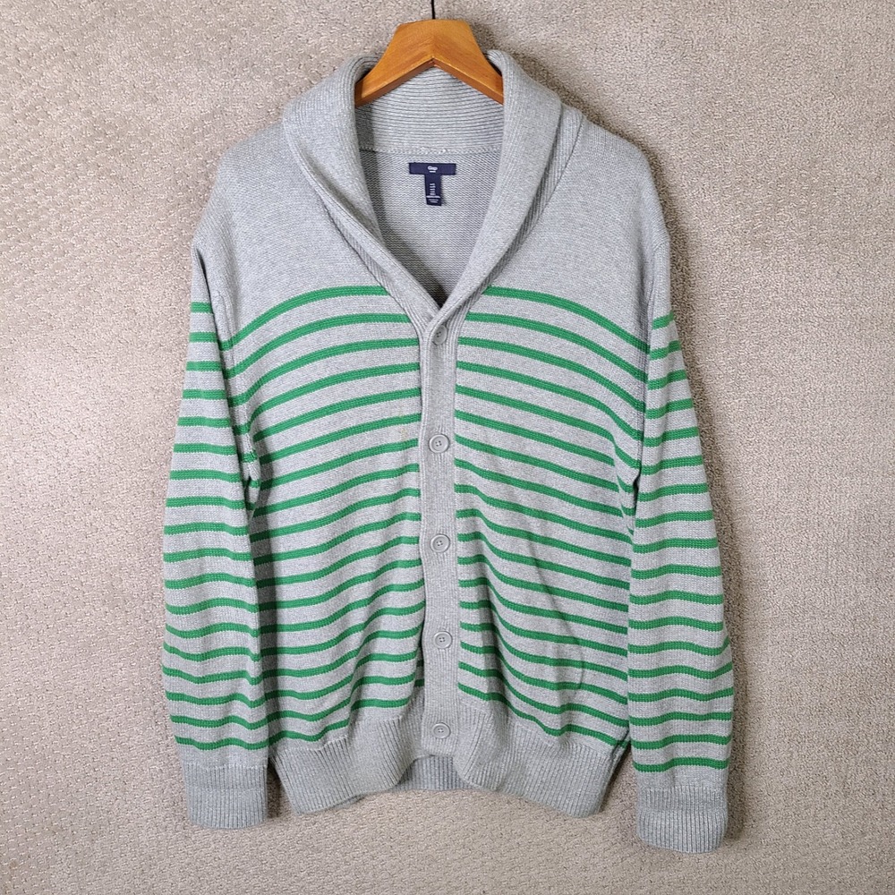 Gap Sweater Mens Large Gray Green Striped Shawl Collar Cardigan 100%‎ Cotton